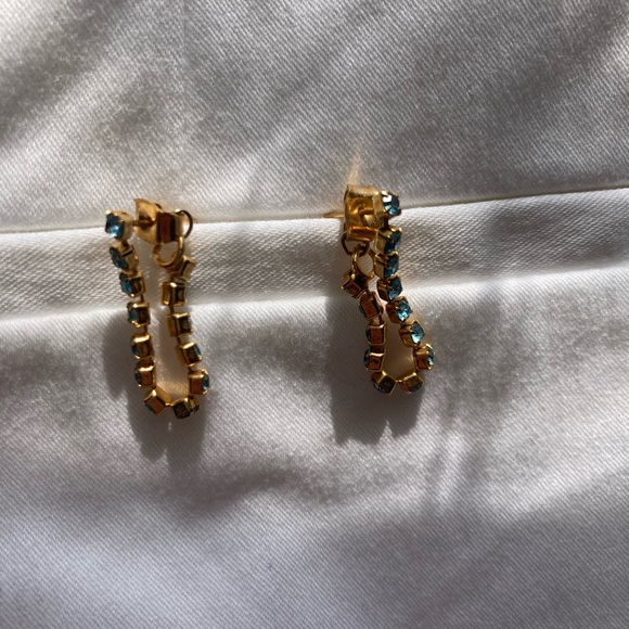 Aquamarine Blue Rhinestone Hoop Chain Gold Earrings - Picture 3 of 4